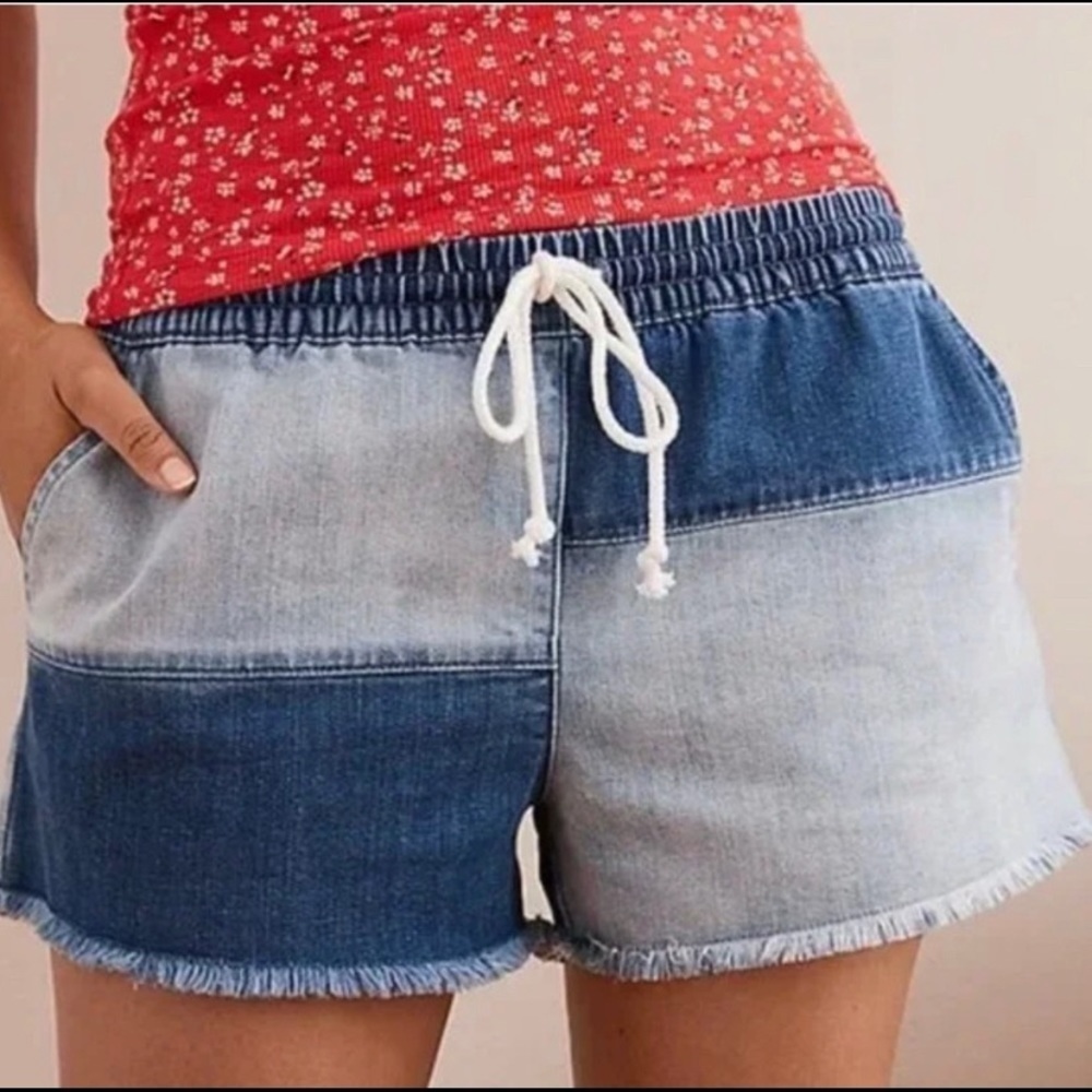 aerie Two-Tone Denim Patchwork Drawstring Shorts - Blue
